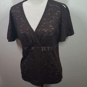 New York & Company Dark Brown Lace V-Neck Blouse